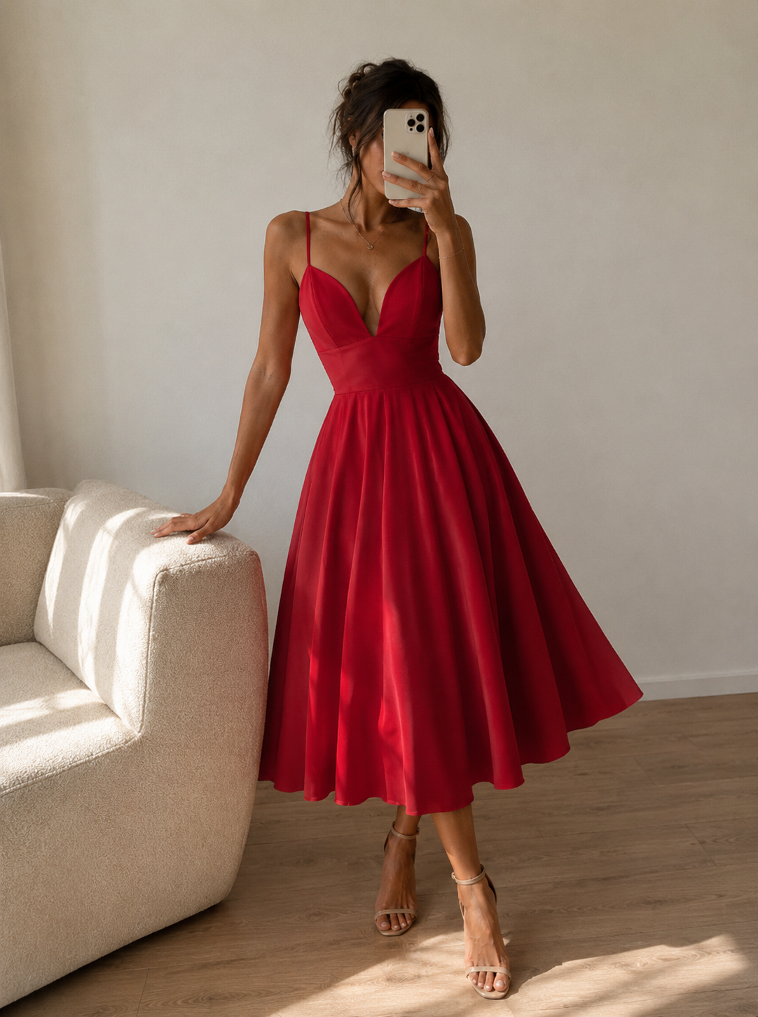 Elegancka sukienka midi z odkrytymi plecami i rozkloszowanym dołem