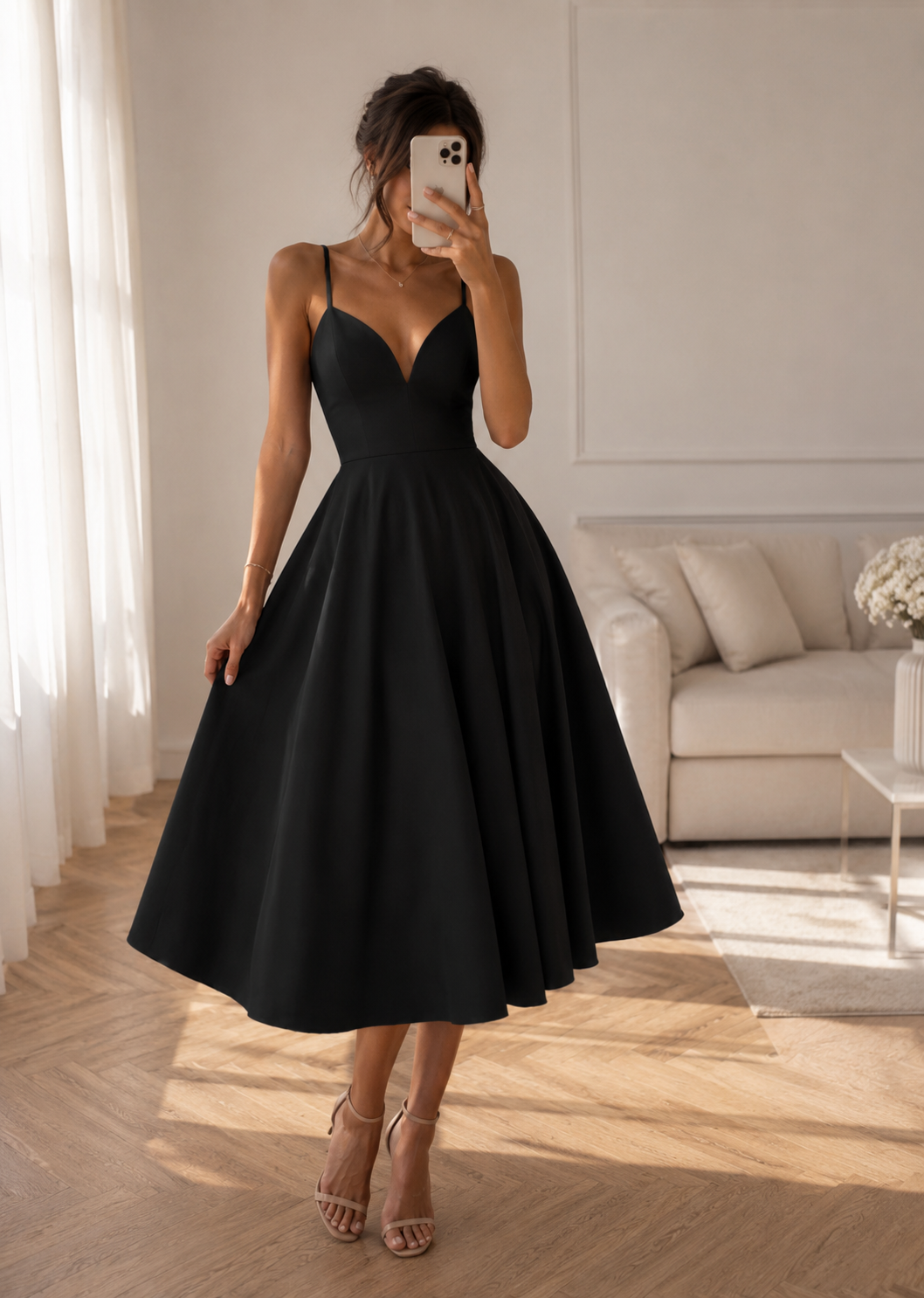 Elegancka sukienka midi z odkrytymi plecami i rozkloszowanym dołem